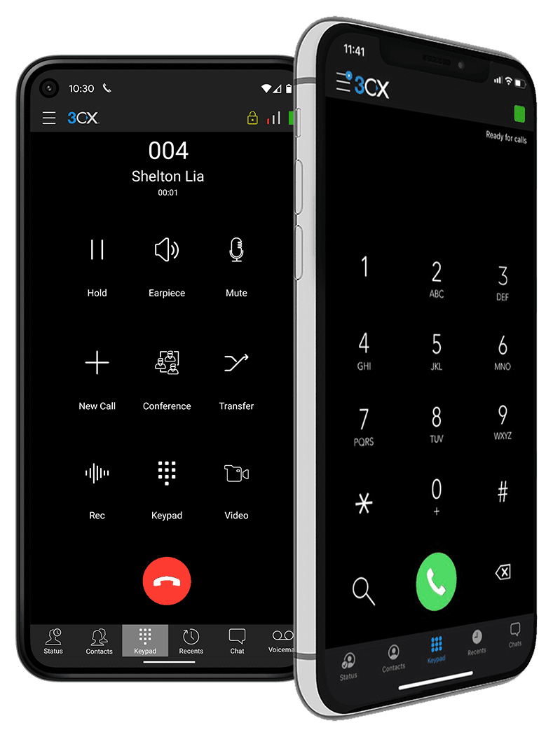 The 3CX app on two phones — a dialpad on one, and an in-progress call with hold, mute, transfer and conference controls on the other