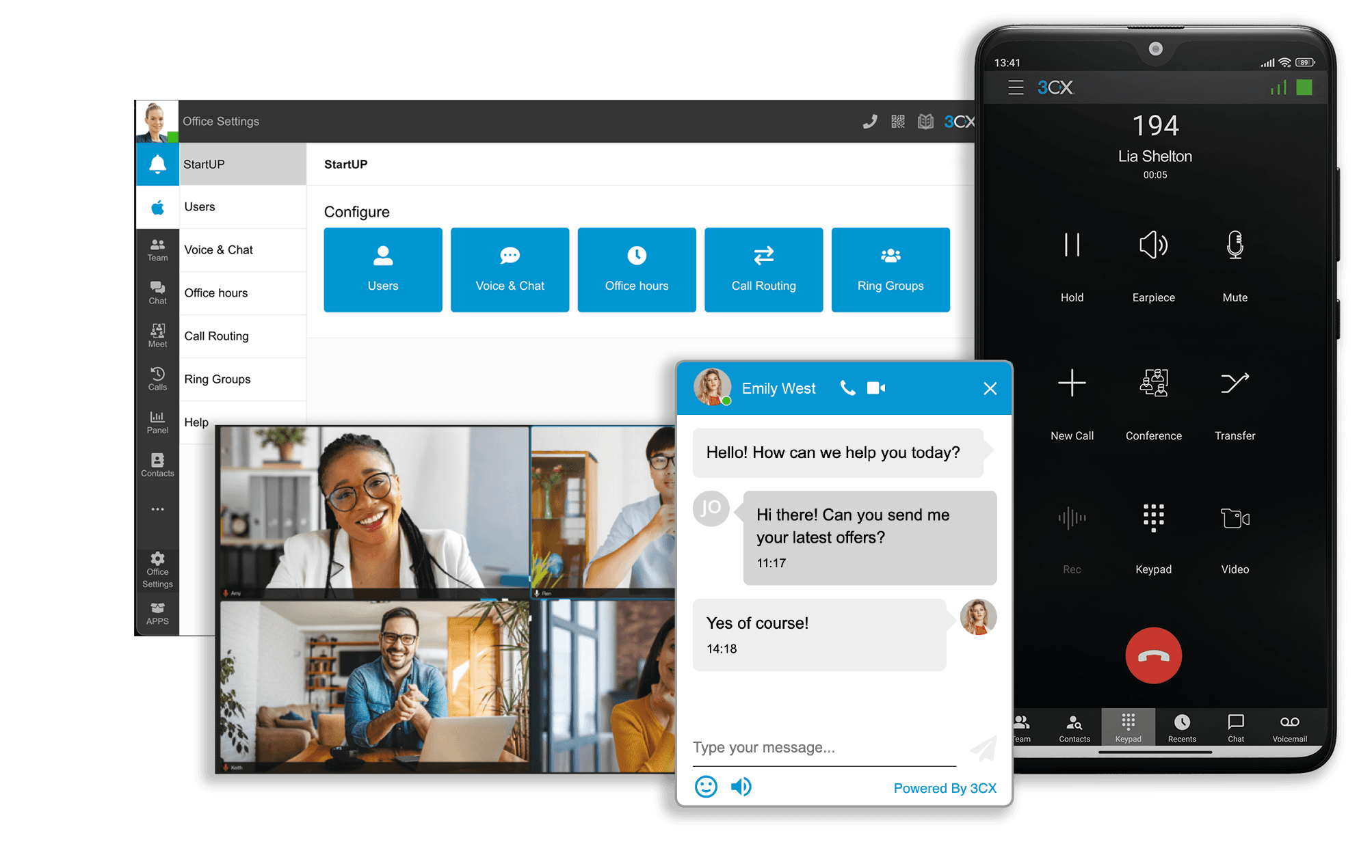 A 3CX business phone system — a handset on an active call with hold, mute, transfer and conference controls, the admin console showing ring groups and call routing, a video meeting, and a website chat
