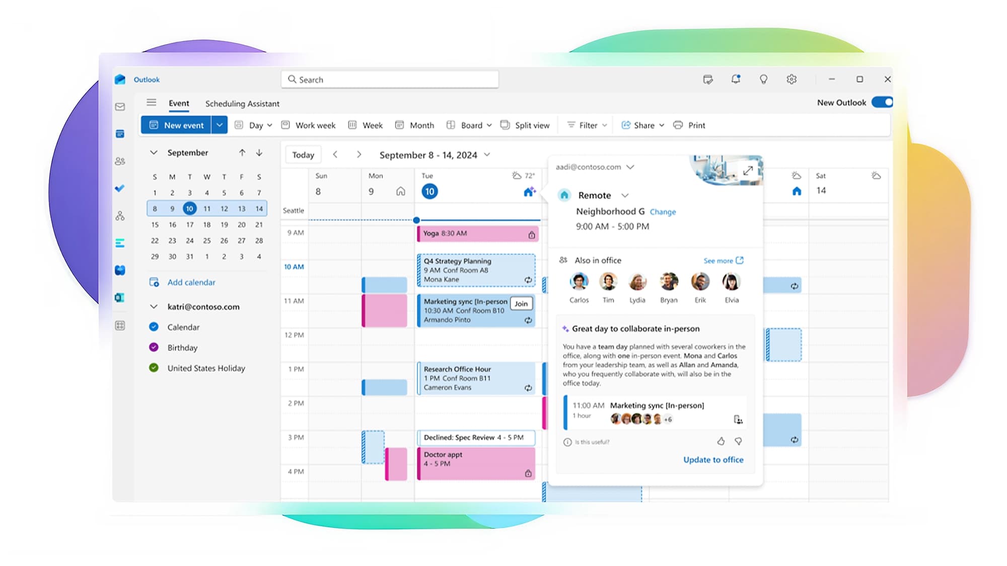 Microsoft Outlook calendar showing scheduled meetings and team availability.